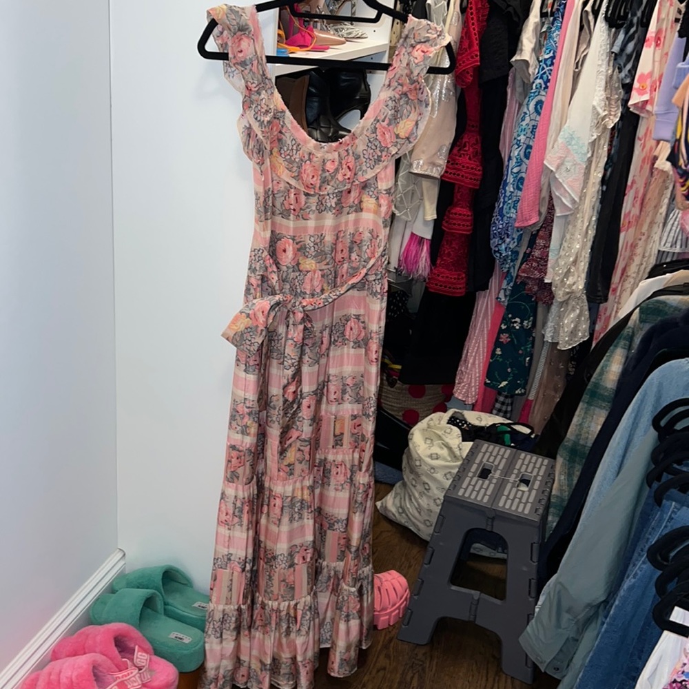 Loveshack fancy floor length silk dress with silk tie around waist